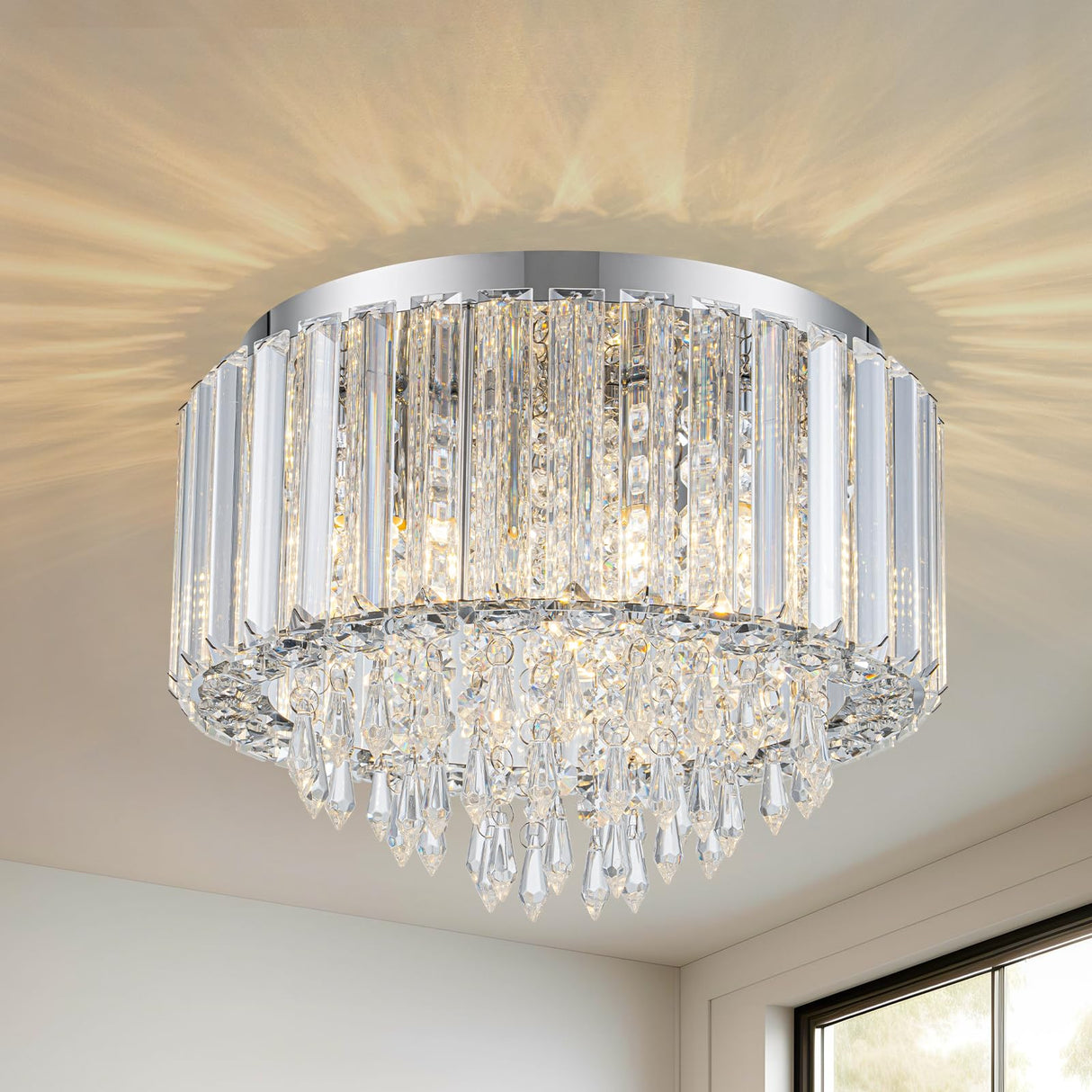 HOPGGIE 11.8 Inch Crystal Chandelier Modern Chandelier Light Mini Chandelier Semi Flush Mount Ceiling Light Fixture Small Chandelier for Bedroom Hallway Kitchen Foyer Closet (Chrome) HOPGGIE