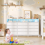 Dresser for Bedroom White Bedroom Dresser with LED Lights and Charging Station, 12 Long Fabric Drawers Dressers, Tall Wide Chest of Drawers Storage Organizer TV Stand for up to 65" TV for Living Room SOOWERY