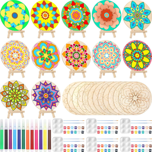 MotiMind 60 Pcs Wooden Mandala Painting Set Mandala Unfinished Wood Cutouts with Wooden Easel Kits Mandala Wood Slices for Adults Beginners Painting, DIY Craft Project, Party Favor Home Decor