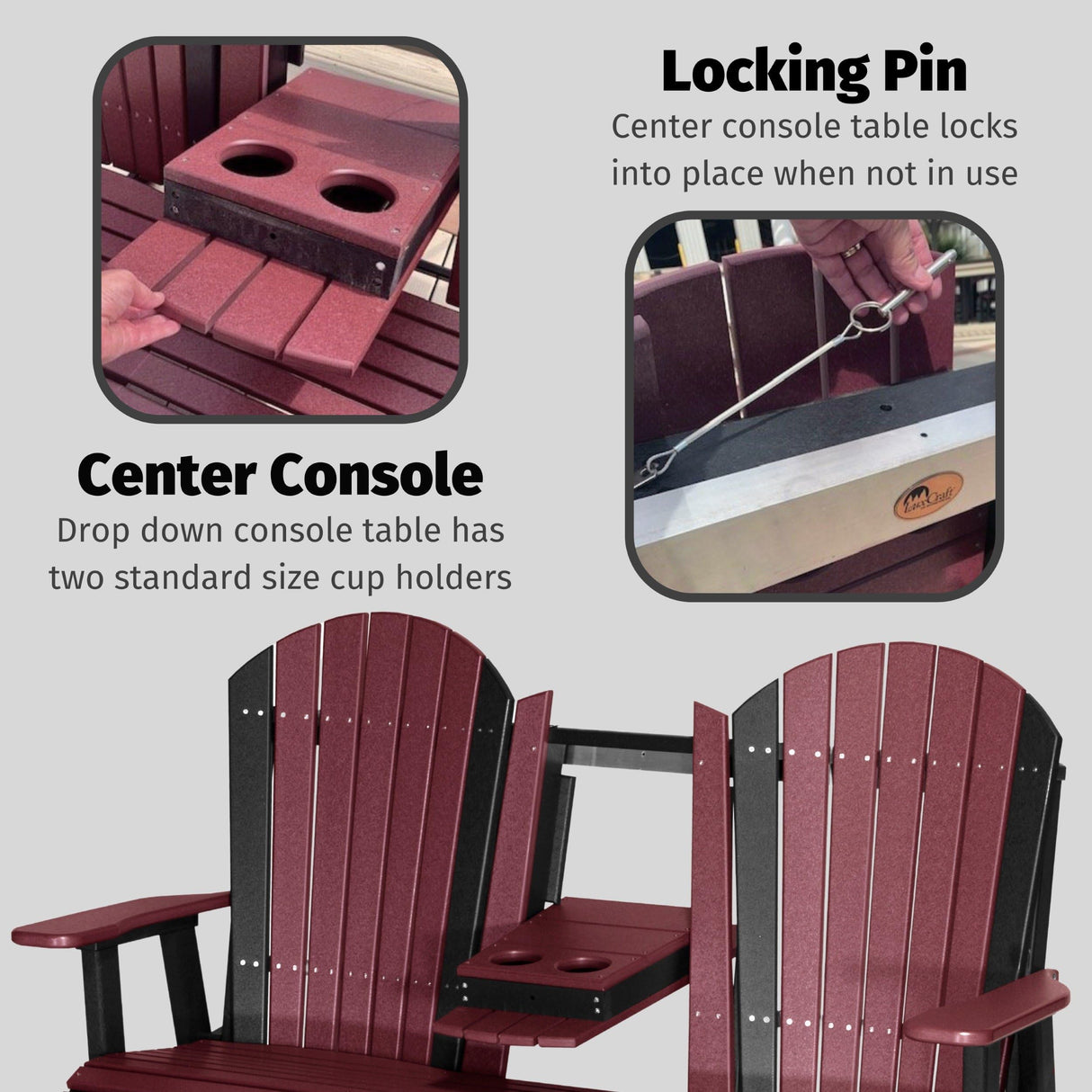 LuxCraft 5' Adirondack Double Glider Bench, 2 Person Glider Chair, Outdoor Glider Bench, Outdoor Loveseat Glider (Dove Gray on Black) LuxCraft