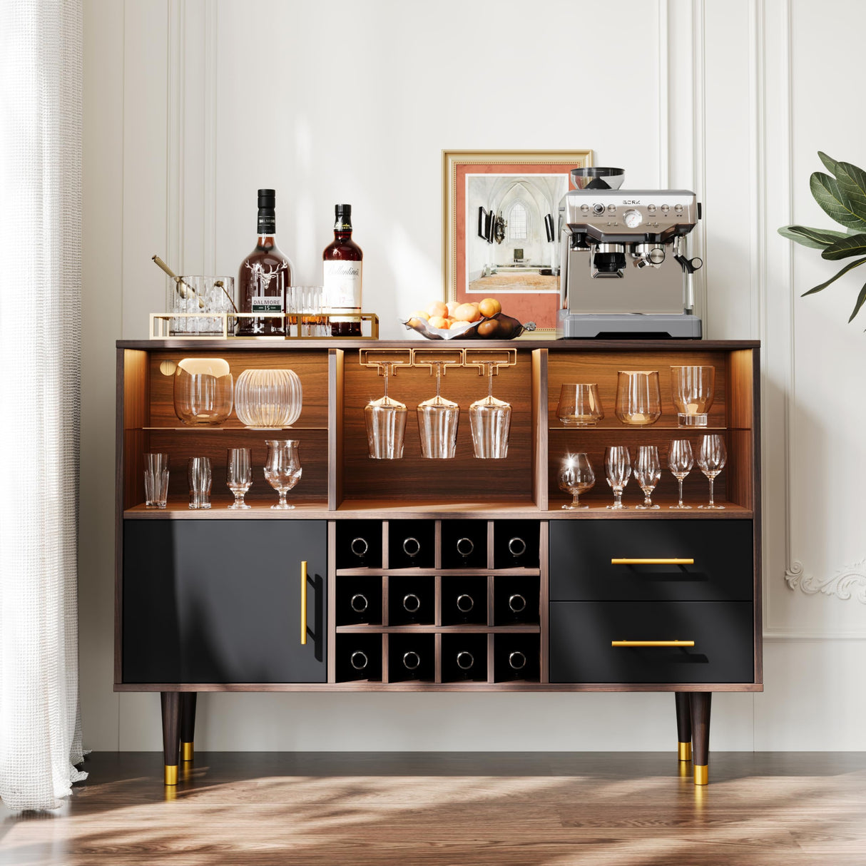 Svimi Bar Cabinet, 47 inch Walnut - Modern Cabinet with LED Light Charging Station, Buffet Table, Coffee Bar & Storage for Home Bar Svimi