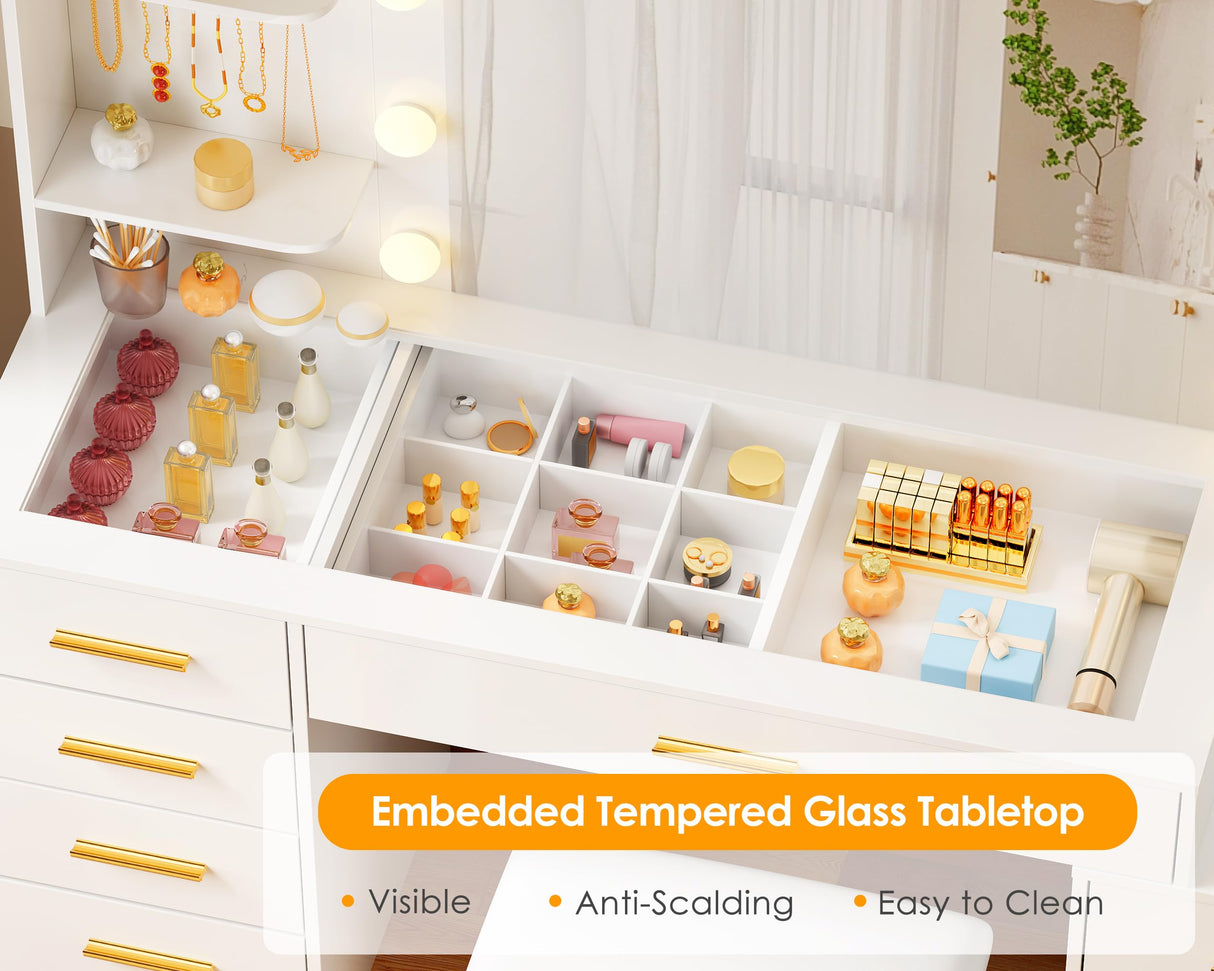 ANWBROAD 49.2" Large Vanity Desk with Mirror and Lights White Makeup Vanity Desk with Glass Top and Power Outlet 8 Drawers Nightstand 5 Hooks Vanity Table with Stool for Bedroom Women Girls UBDT88W ANWBROAD