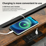 DWVO King Size Bed Frame with Charging Station, 2-Tier Storage Headboard with RGB LED Lights, Linen Upholstered Platform Bed Strong Wooden Slats, No Box Spring Needed Noise Free, Rustic Brown DWVO