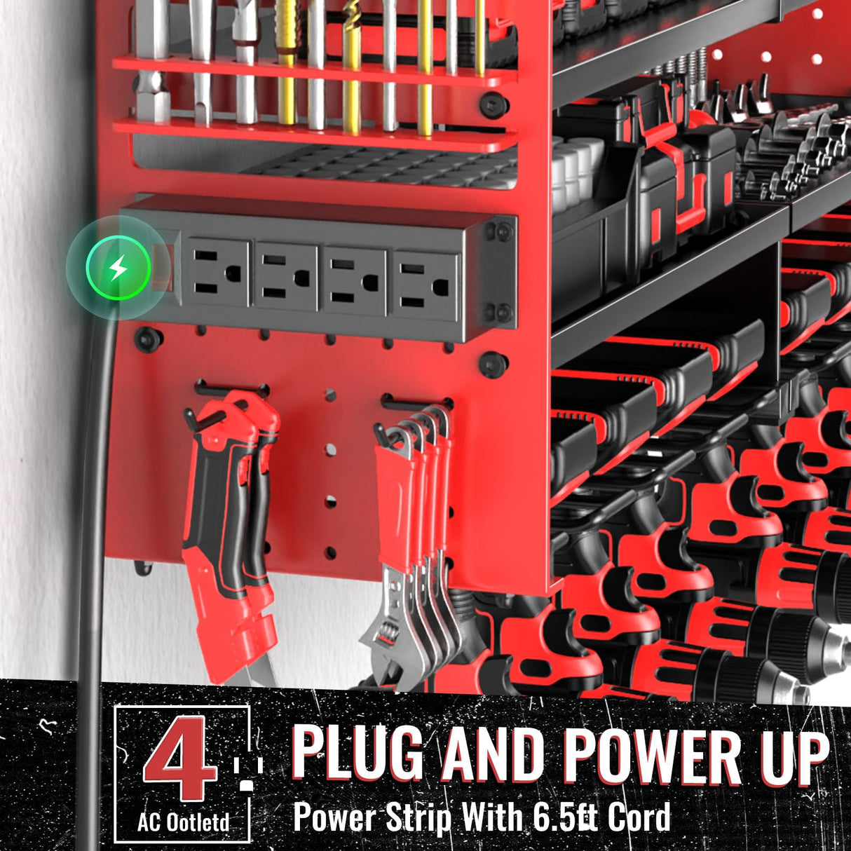 VeyFolzin.st Large Power Tool Organizer Wall Mount with Charging Station, 4 Layer Heavy Duty Metal Cordless Tool Organizer, Tool Storage Rack with 8 Cordless Drill Holder Screwdriver Hammer(Red) VeyFolzin.st