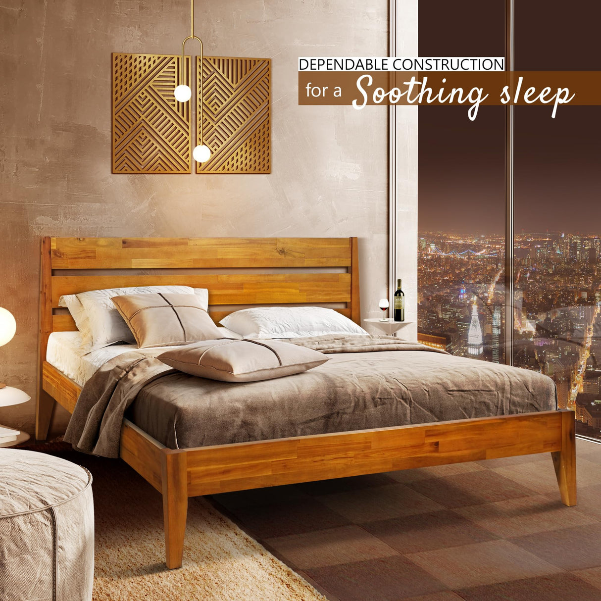 Acacia Wood King Size Bed Frame with Artistic Headboard - Contemporary Solid Platform Design in Caramel A ACACIA FURNITURE