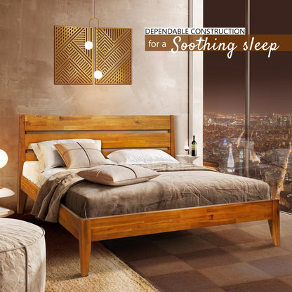 Acacia Emery Bed Frame with Headboard Solid Wood Platform Bed, King Size Bed Frame, Unique Design Contemporary Signature Wood Bed Compatible with All Mattresses, Non-Slip and Noise-Free, Caramel.