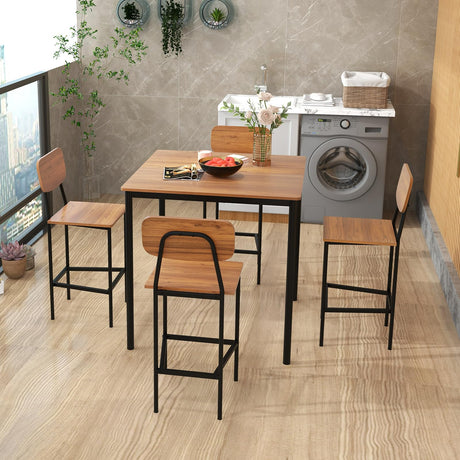 Giantex 5-Piece Dining Table Set W/Counter Height Table & 4 Bar Stools, Industrial Kitchen Dining Table Set W/Footrest & Backrest, Space-Saving Dinette Set for Pub, Dining Room, Restaurant (Walnut) Giantex