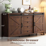 GlouMod Farmhouse 60" Dresser for Bedroom, Long Dresser with Sliding Barn Door, Wide Wood Chest of Drawers, 4 Drawers Dresser Tall TV Stand Buffet Cabinet, Redwood Rustic GlouMod