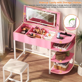 Cyclysio Vanity Desk with Flip Top Mirror and Lights, Makeup Vanity Desk with Drawers, Dressing Table with Storage Shelves & Charging Station, Small Vanity for Small Spaces, Pink Cyclysio
