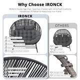IRONCK 2 Person Egg Chair Outdoor Indoor, Oversized Double Wicker Lounge Chair, Thickened Padded Cushions and Headrests, 680Lbs Egg Loveseat for Patio, Balcony, Living Room, Porch, Gray IRONCK