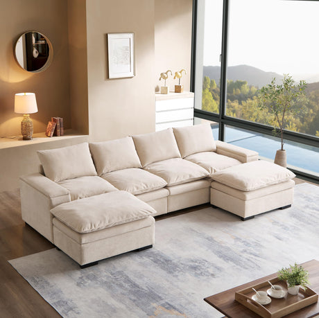 N NOORDENIYA 122″ Oversized Modular Sectional Sofa with Movable Ottoman, 6-Seat Deep Seat Sofa with Armrest Storage, Convertible U Shaped Couch for Living Room, Bedroom and Apartment, Terry, Beige N NOORDENIYA