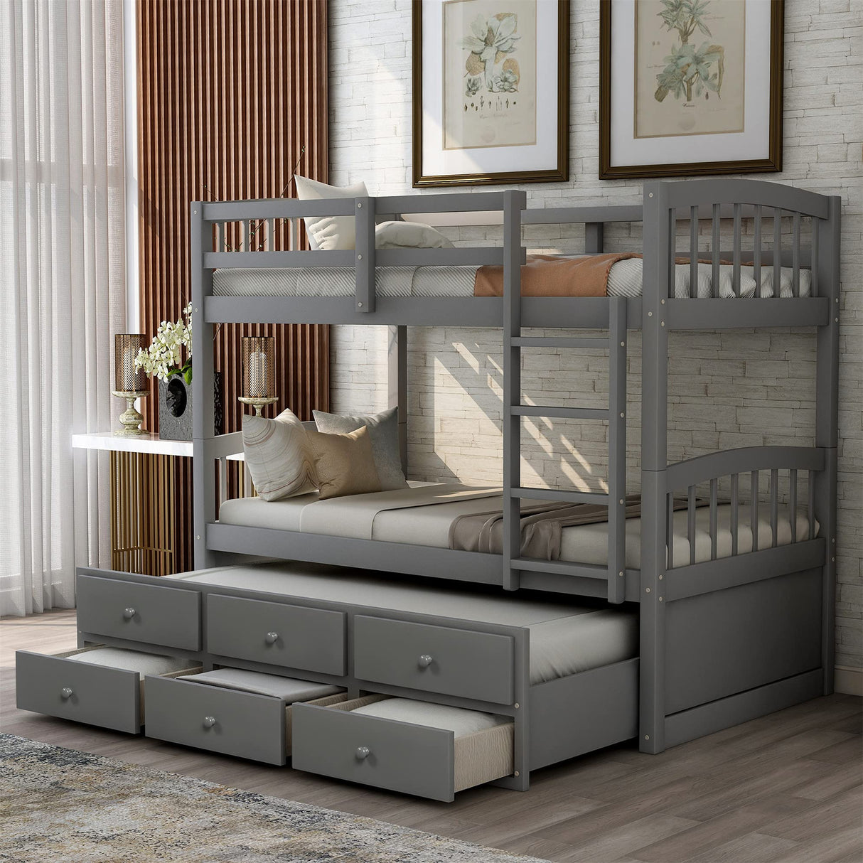Harper & Bright Designs Twin Over Twin Bunk Bed with Trundle and Storage, Solid Wood Bunk Bed Frame with 3 Drawers for Kids, Teens, Adults (Gray) Harper & Bright Designs