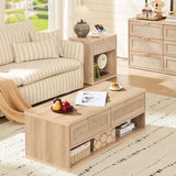 LEYAOYAO 48" Farmhouse Boho Rattan Coffee Table with 2 Woven Drawers,Rectangular Coffee Tables with Hidden Storage Compartment,Curved Profile Design,Wooden Center Table for Living Room,Natual Wood LEYAOYAO