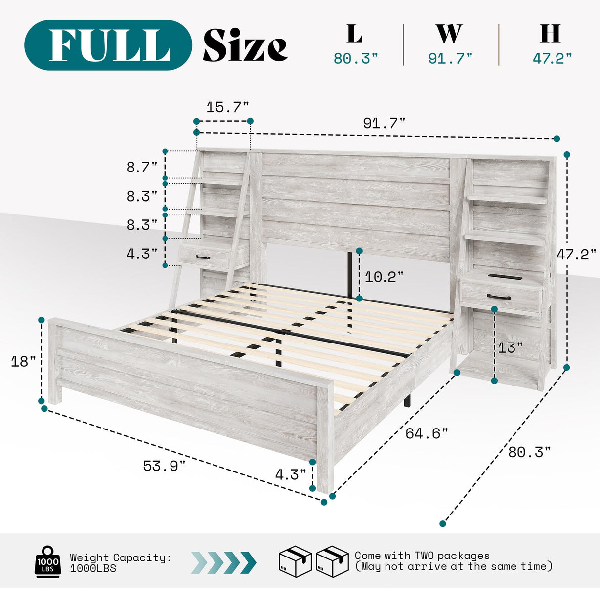 AMERLIFE Full Bed Frame with Wide Headboard and 4-Tier Bookshelves, Farmhouse Platform Bed with Charging Station & 2 Drawers, Noise-Free, No Box Spring Needed, Rustic White AMERLIFE