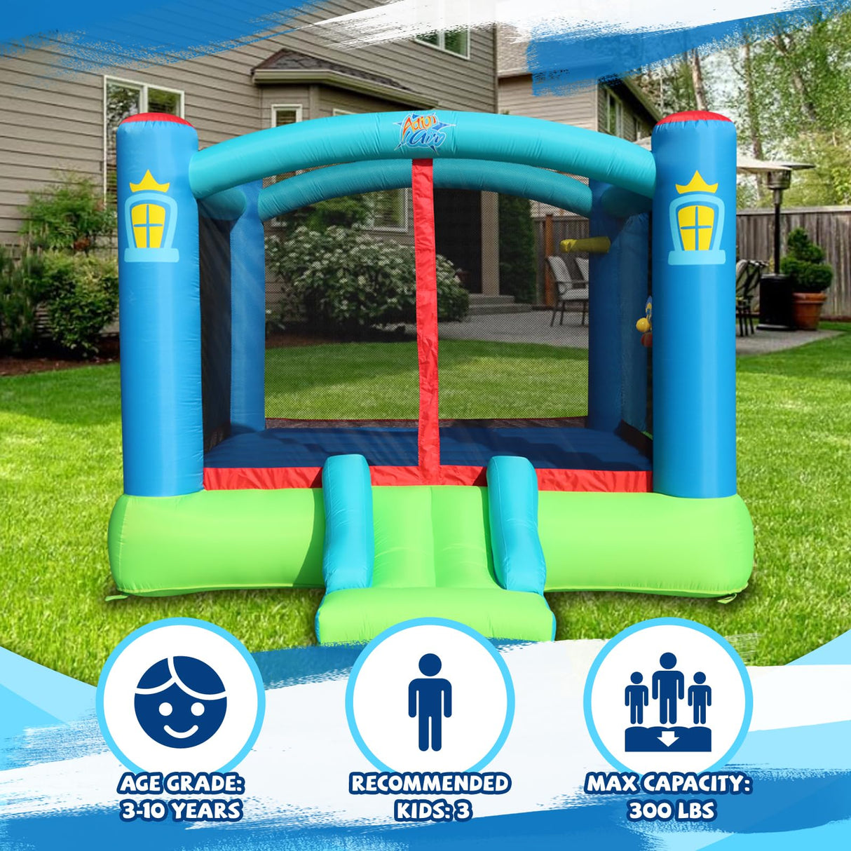 Action Air Bounce House, Outdoor Inflatable Bouncer with Blower, Large Jumping Area Bouncy Castle for Kids Action air