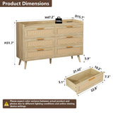 FUSOU 6 Drawer Dresser for Bedroom, Rattan Modern Dresser with Power Outlet, Wide Desktop Chest of Drawers Anti-tip, Oak Wood Storage Closet Dressers for TV, Living Room, Hallway, Entryway, Oak FUSOU