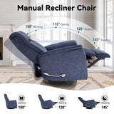 Susalt 360° Swivel Rocking Recliner, Manual Comfy Nursery Glider Rocker Chair for Indoor Bedroom, Upholstered Soft Fabric Living Room Reclining Chair with Lumbar Support for Adults (Blue) Susalt