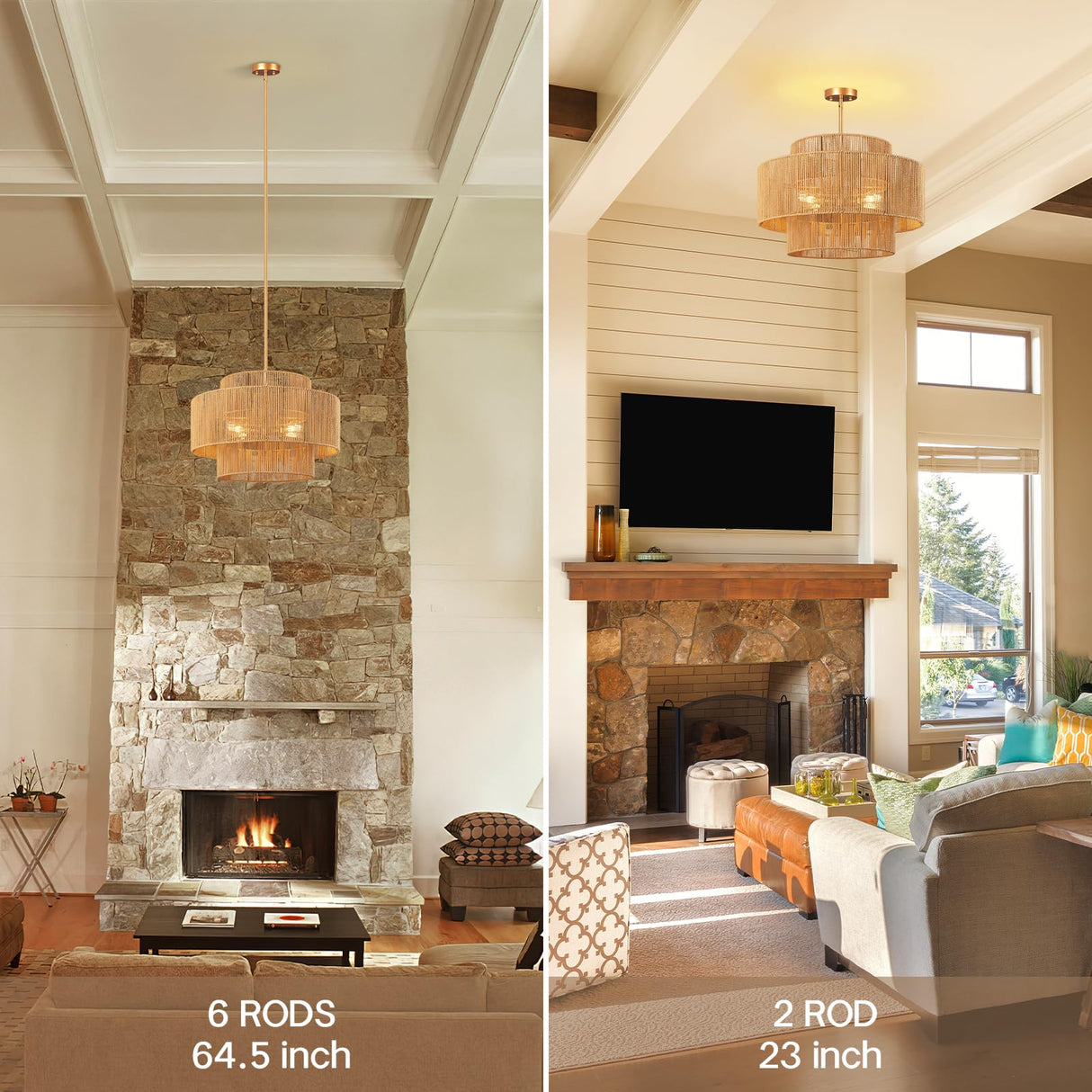 CLARSYNE 24'' Boho Rattan Chandelier, 4-Light Hand-Woven Wicker Pendant Lamp, Rustic Modern Ceiling Light Fixture for Dining Room, Kitchen Island, Living Room, Bedroom, Foyer, Entryway, Over Table CLARSYNE