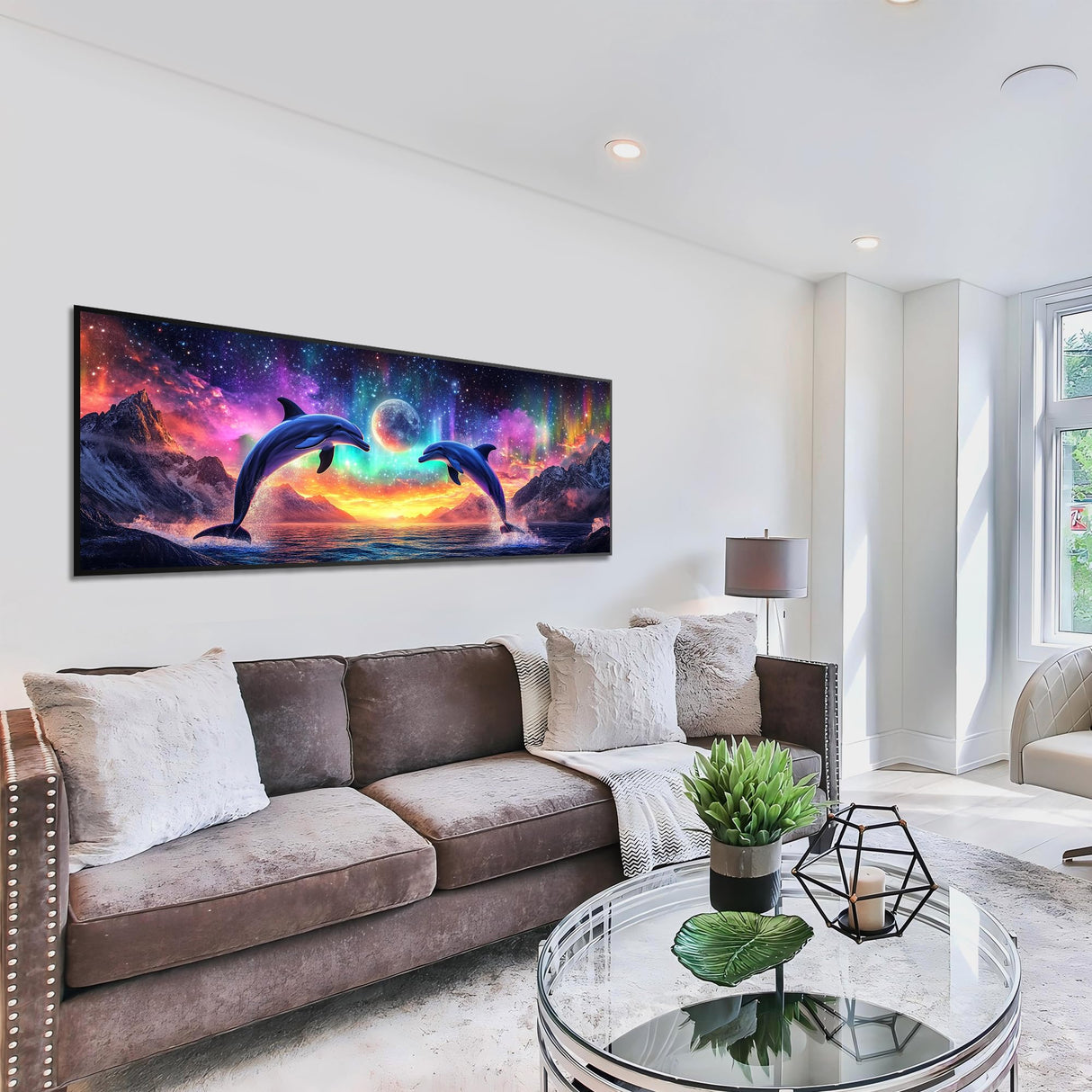 Zariocy 5D Large Diamond Art Kits for Adults Aurora Dolphins, Diamond Painting Art Scenery Round Full Drill Crystal Diamond Embroidery Paintings Arts Craft for Home Office Wall Decor 31.5x11.81 inch Zariocy