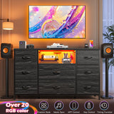 Black Dresser TV Stand for 55'' with LED Lights & Charging Station, Dresser for Bedroom with 8 Drawer, Chest of Drawers with Open Shelves, 6 Adjustable Feet, Hallway, Entryway, Closet EnHomee