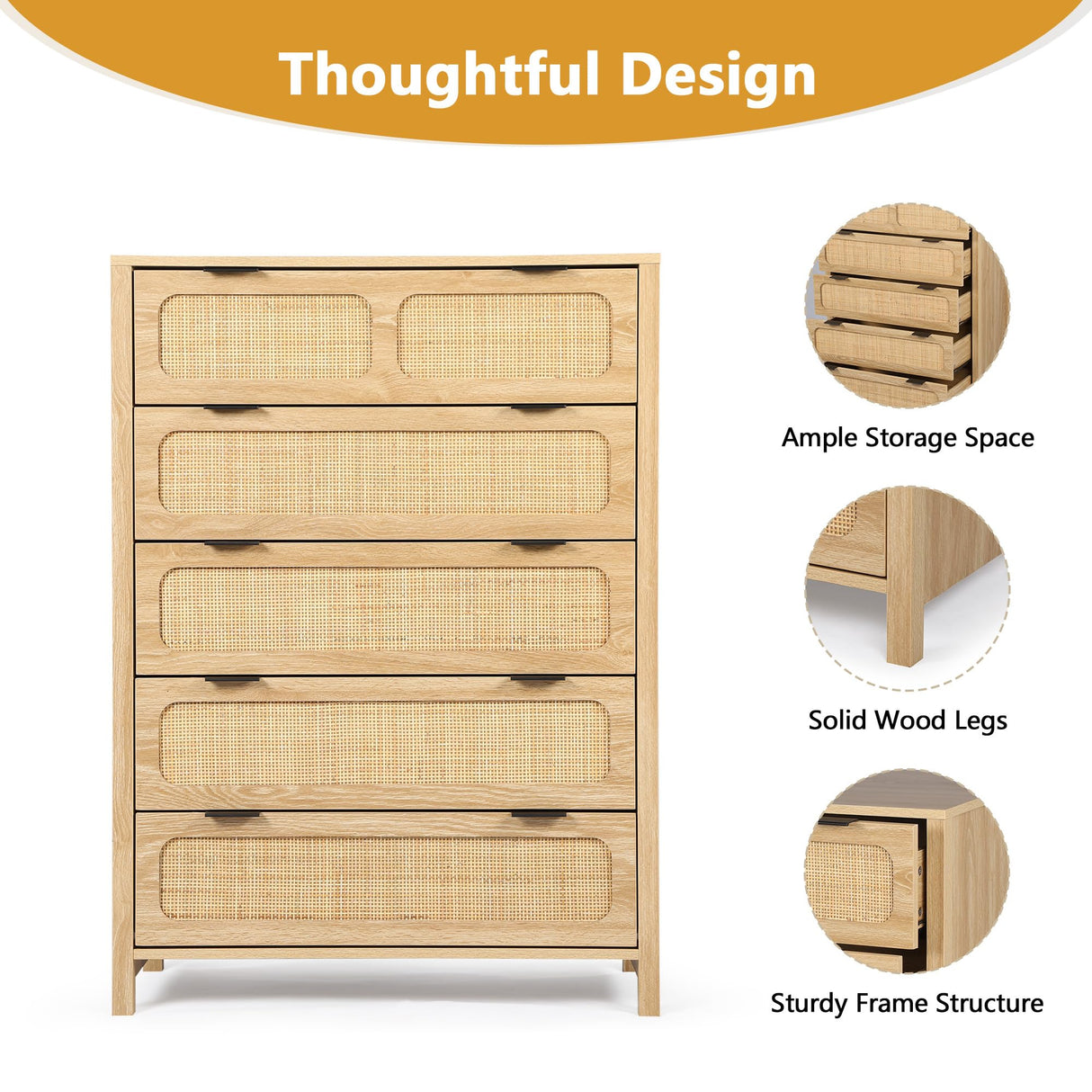 LEVNARY 5 Drawer Chest Dresser, Rattan Tall Dresser 5 Chest of Drawers for Bedroom, Wood Storage Cane Cabinet with Metal Handles, for Living Room, Hallway, Nursery (Natural) LEVNARY