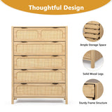 LEVNARY 5 Drawer Chest Dresser, Rattan Tall Dresser 5 Chest of Drawers for Bedroom, Wood Storage Cane Cabinet with Metal Handles, for Living Room, Hallway, Nursery (Natural) LEVNARY
