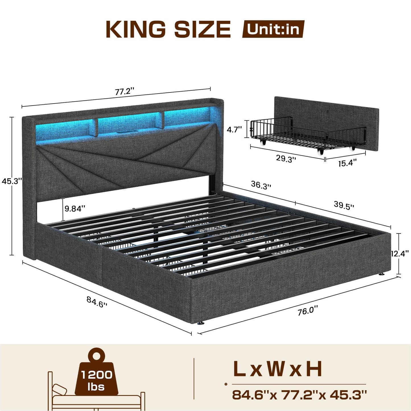 Driftalia Upholstered King Size Bed Frame with LED Lights, Charging Station, and 4 Storage Drawers - Dark Grey - WoodArtSupply