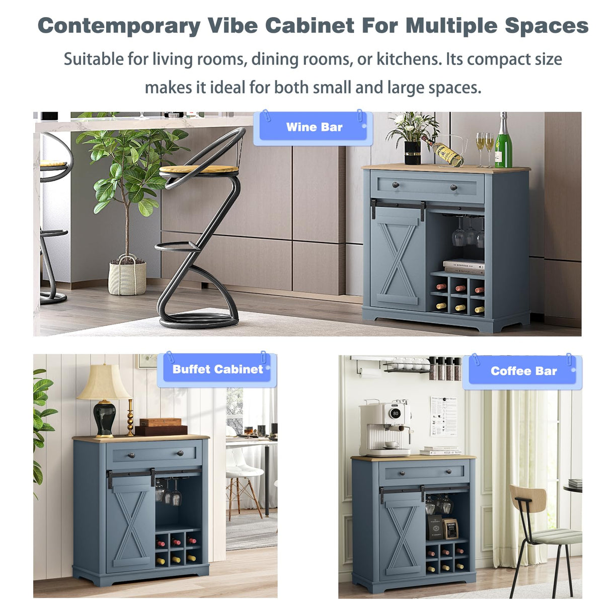 LIVILAND Farmhouse 32 Inch Wine Cabinet with Storage, Rustic Liquor Cabinet with Rack and Sliding Barn Door, Coffee Bar Table for Kitchen, Living Room, Dawn Blue LIVILAND