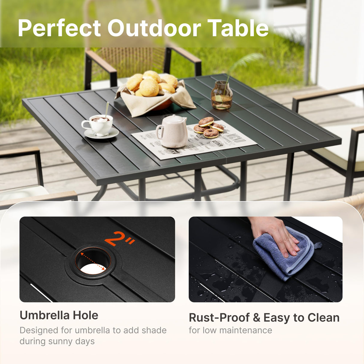 SUNCOZE Outdoor Patio Dining Set, 5 Pieces Rattan Patio Table and Chairs Set with Cushion and Umbrella Hole, Wicker Outdoor Patio Furniture Sets of 4 for Backyard and Porch, Beige SUNCOZE