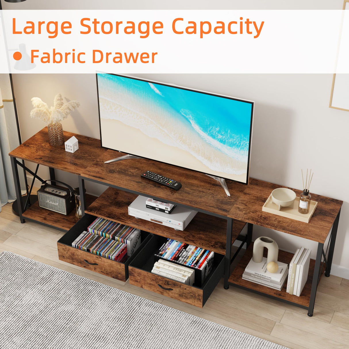 GYIIYUO TV Stand with Fabric Drawers for 80 85 Inches TV - Entertainment Center and Industrial TV Console Table with Open Storage Shelves for Living Room, Bedroom- 79.1" Rustic Brown GYIIYUO