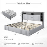 EnHomee King Size Bed Frame with 4 Storage Drawers, Upholstered Platform King Bed Frame and Headboard, King Bed Frame with LED Lights & Charging Station, Noise Free,No Box Spring Needed,Beige, Grey EnHomee