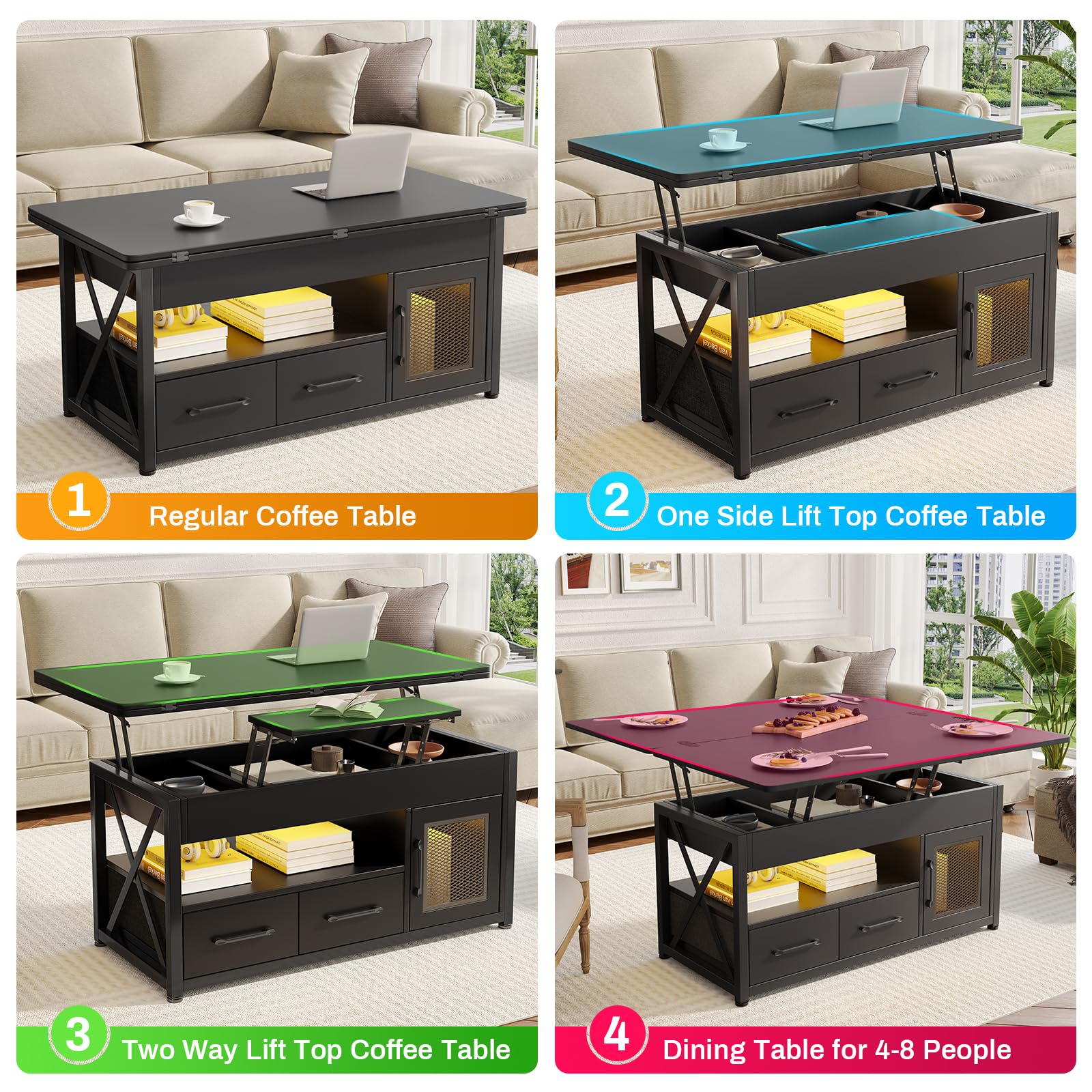 Itaar 40" Lift Top Coffee Table, 4 in 1 Coffee Tables with Storage Cabinet for Living Room, Small Farmhouse Coffee Table with 2 Fabric Drawers & LED Light for Dining Room, Black - WoodArtSupply