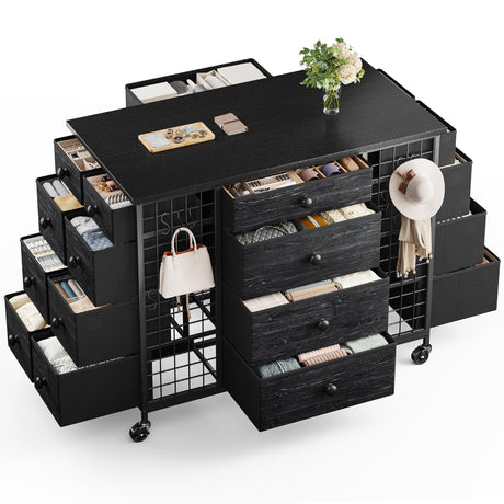 EnHomee 24 Drawers Black Dresser for Bedroom, Dressers & Chests of Drawers with 4 Wheels and 40“ * 23” Wide Wooden Top, Metal Frame, Organizer Island with Hooks for Bedroom, Cloakroom, Dressing Room EnHomee
