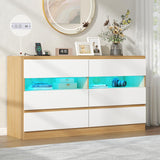 Gyfimoie 6 Drawer Dresser with Power Outlet & LED Light, Modern Chest of Drawers with 2 Open Cubbies, Double Wide Drawer Dresser Organizer, TV Stand for Bedroom, Entryway (White & Light Wood) Gyfimoie
