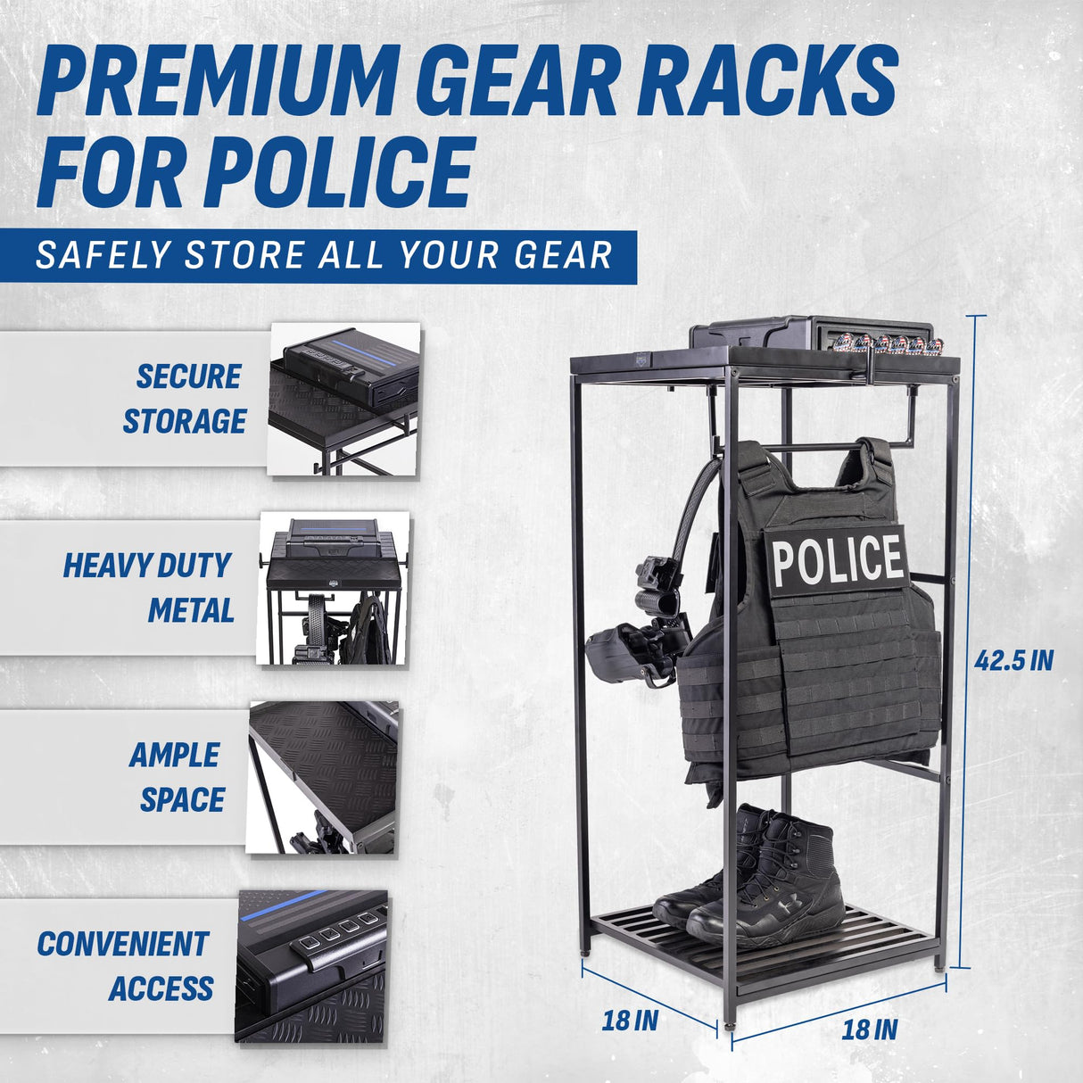 Guard The Line Tac Tower – Police Gear Rack with Quick Access Safe – American Flag Tactical Gear Stand – Law Enforcement Vest and Duty Belt Holder - Cop Caddy Valet Stand - Police Gift Guard The Line