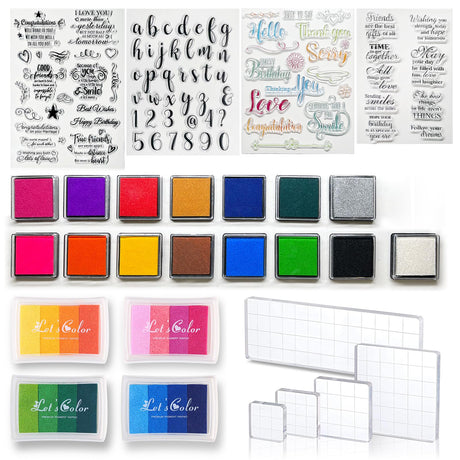 28 Pieces Acrylic Stamps For Crafting Set Include 5 Acrylic Blocks For Stamping, 4 Clear Rubber Stamps For Card Making, 19 Craft Ink Pads Stamps For Scrapbooking, Stamp Making Kit WoodArtSupply