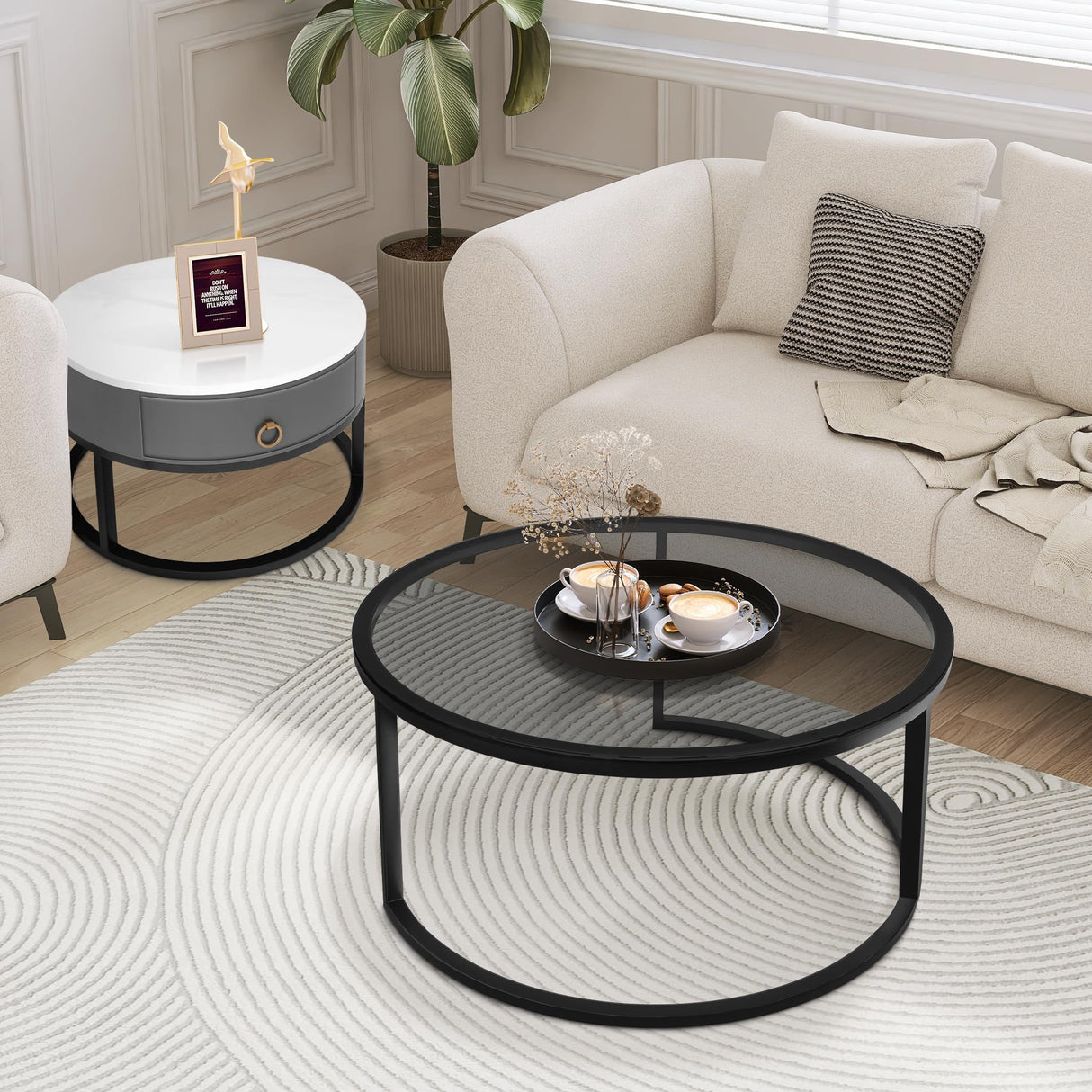 Jerry & Maggie Ø 27.5" Modern Nesting Coffee Table Set of 2, Round Glass Coffee Table & Side Table with Drawer, Tempered Glass & Leather Upholstery, Coffee Tables for Living Room, Small Space Friendly Jerry & Maggie