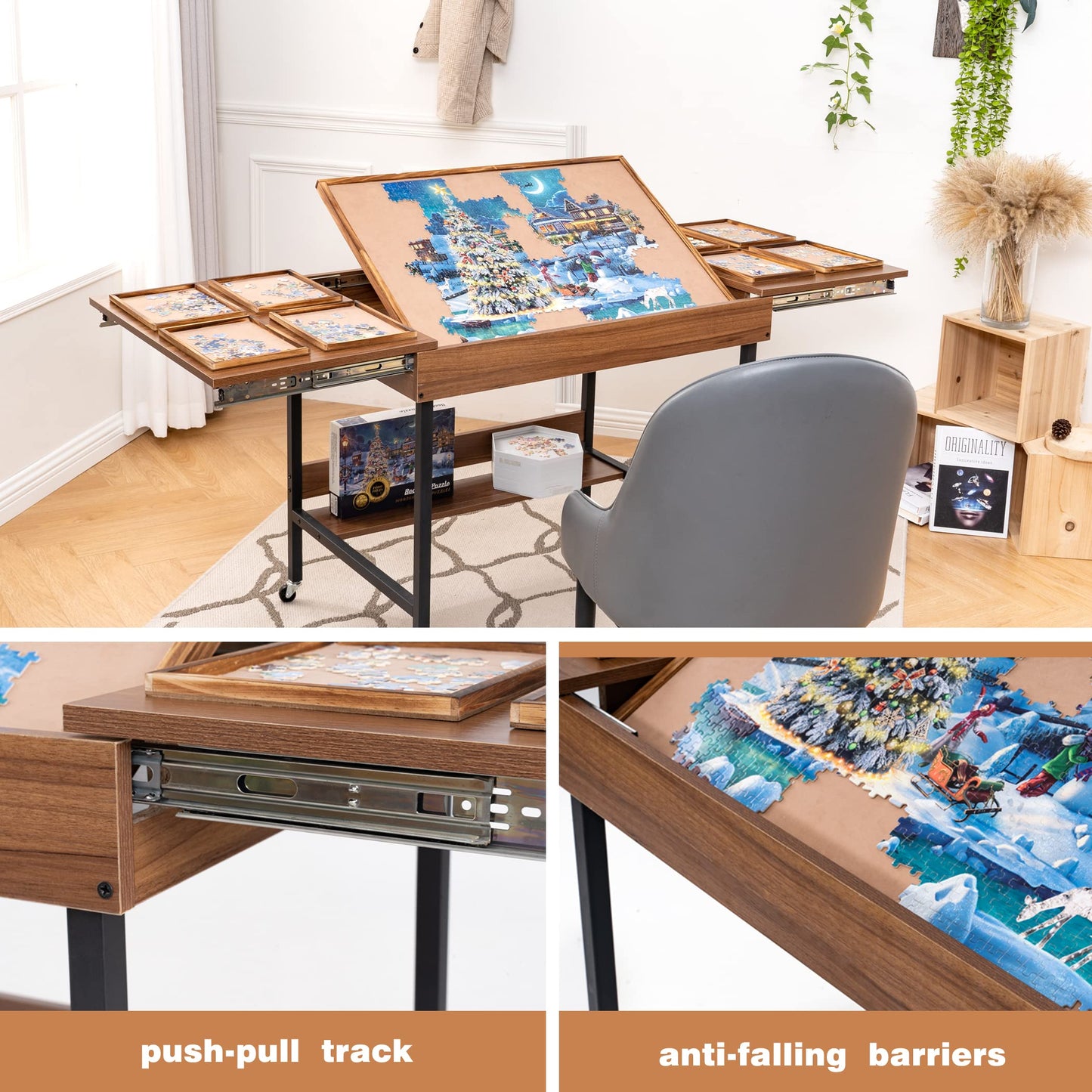 Becko US Foldaway Adjustable Puzzle Table With 8 Sorting Trays, Tilting Puzzle Board with Drawers, Universal Casters for Moves, Under Table Rack for Storage, 30*20.1 in for Puzzles Up to 1000 - WoodArtSupply