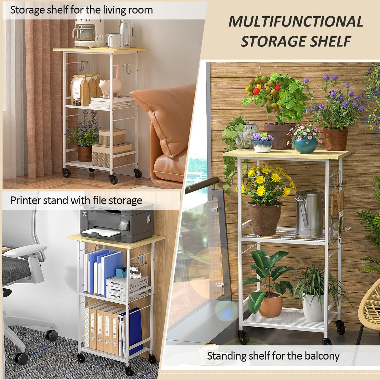 ThreeHio Rolling Kitchen Microwave Cart, 3 Tier Microwave Table Stand with Adjustable Shelf, Kitchen Storage Rack on Wheels, Coffee Station Cart Rack Shelf Organizer for Living Room Office, Balcony ThreeHio