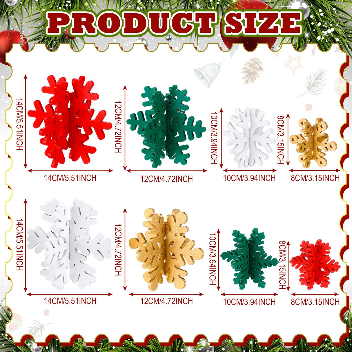 Wenqik 16 Pcs Winter Wooden Snowflake Decor Christmas Winter Snowflake Tabletop Decorations 3D Snowflake Table Signs Standing Centerpiece Tiered Tray Decorations for Party(Gold, White, Green, Red) Wenqik