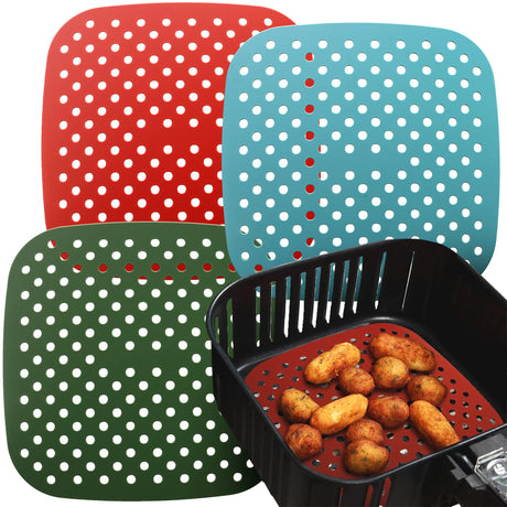 Reusable Silicone Air Fryer Liners 8.5 Inch by Linda’s Essentials (3 Pack, Square) - Non Stick Easy Clean Air Fryer Liners Reusable Mats Air Fryer Accessories Includes Cheat Sheet And Recipe Book Linda's Essentials