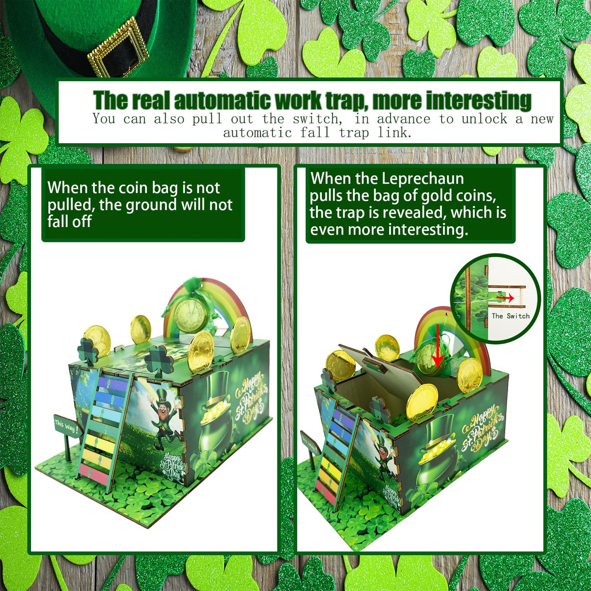 Vecacosic Leprechaun Trap Kit for Kids, Wood DIY How to Catch A Leprechaun Kit St Patricks Day Leprechaun Trap Decorations, Funny Leprechaun Trap Kit Supplies Toys Crafts Gift (A) Vecacosic