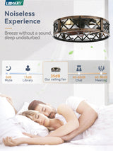 LEDIARY 20" Caged Ceiling Fan With Light, APP&Remote Control, Small Flush Mount Farmhouse Fan Lights, Low Profile Rustic Bladeless Ceiling Fan Fixtures For Bedroom, Kitchen-Black Gold Color LEDIARY