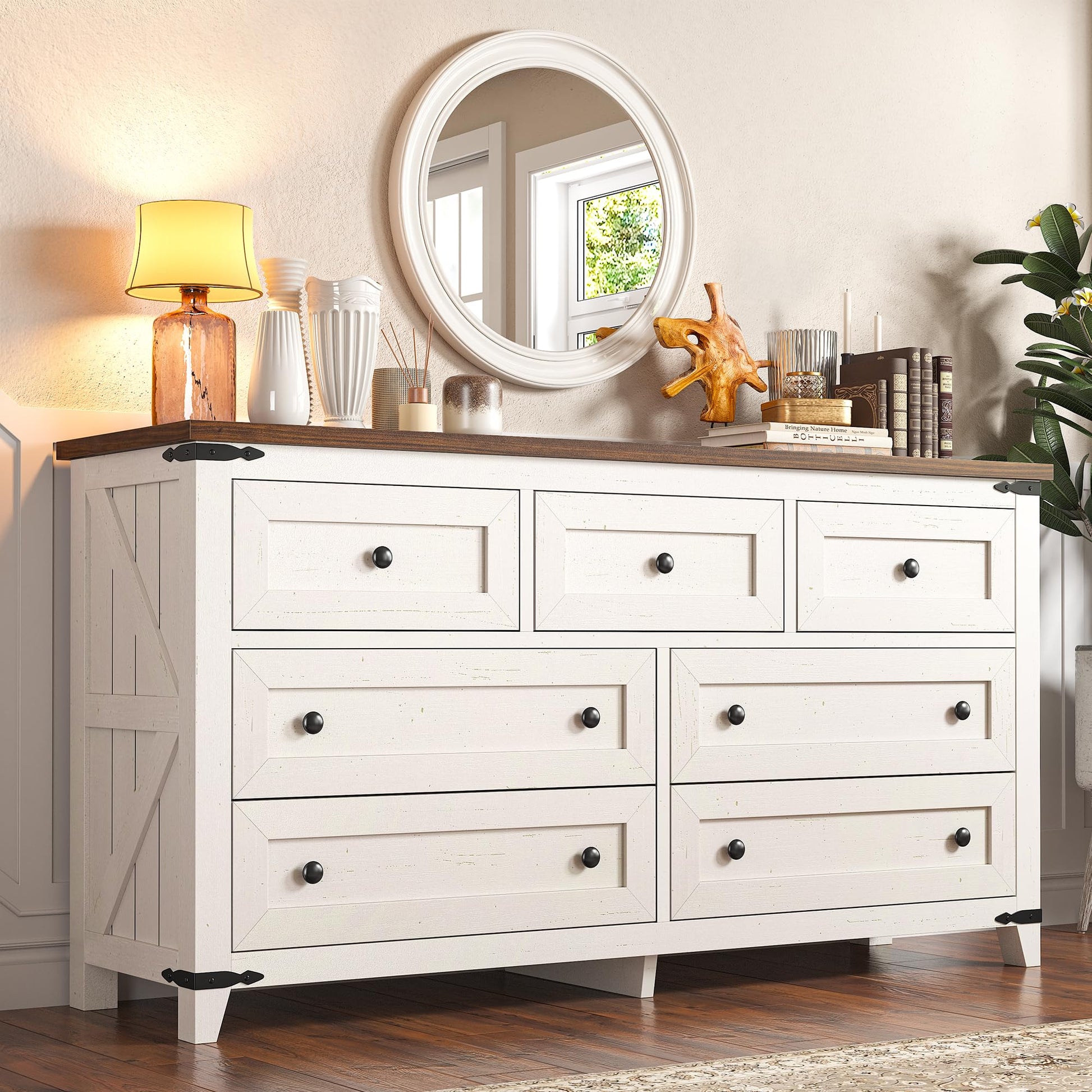 EnHomee Dresser for Bedroom Wood Dresser with 7 Drawers White Dresser with Smooth Metal Rail Long Dressers & Chests of Drawers Farmhouse Dresser for Bedroom Dresser TV Stand, Closet, Antique  - WoodArtSupply