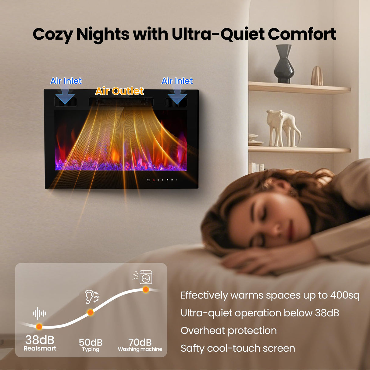 Electric Fireplace Insert 30" Realsmart 1500W Wall Mounted Fireplaces Recessed Heaters Remote Control Slim Black Fireplace Touch Screen Timer 12 Flame Colors LED Decor Low Noise RealSmart