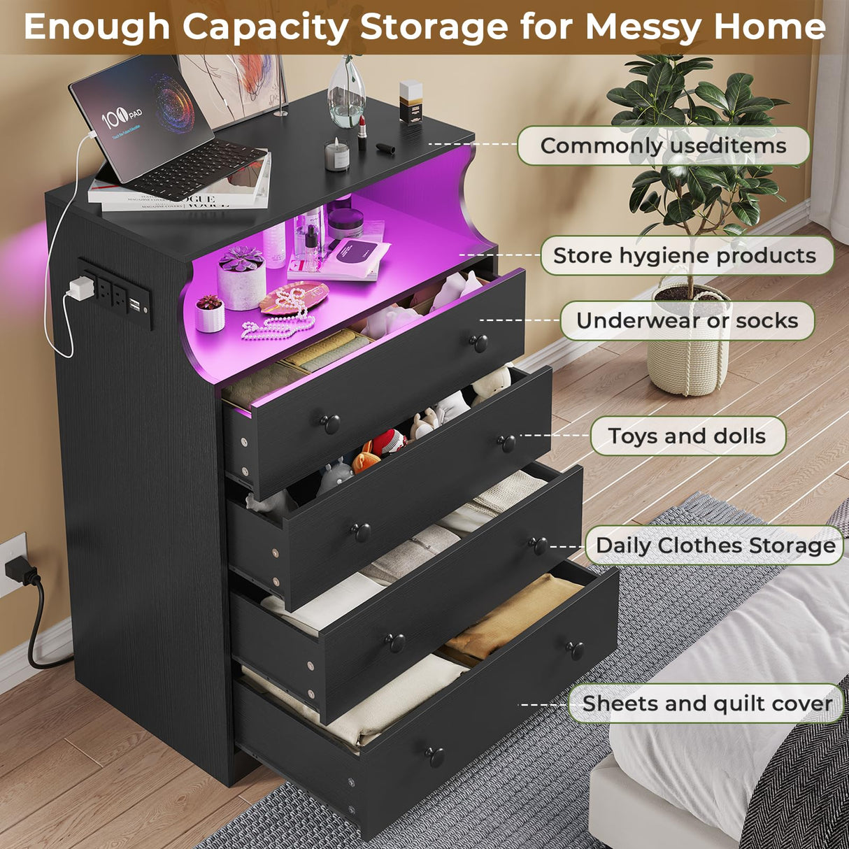 Hasuit Black Dresser with Charging Station, 4 Drawers LED Dresser for Bedroom, Chest of Drawers with Open Space, Large Capacity Tall Storage Cabinet, Black Dresser for Bedroom Hasuit