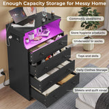 Hasuit Black Dresser with Charging Station, 4 Drawers LED Dresser for Bedroom, Chest of Drawers with Open Space, Large Capacity Tall Storage Cabinet, Black Dresser for Bedroom Hasuit