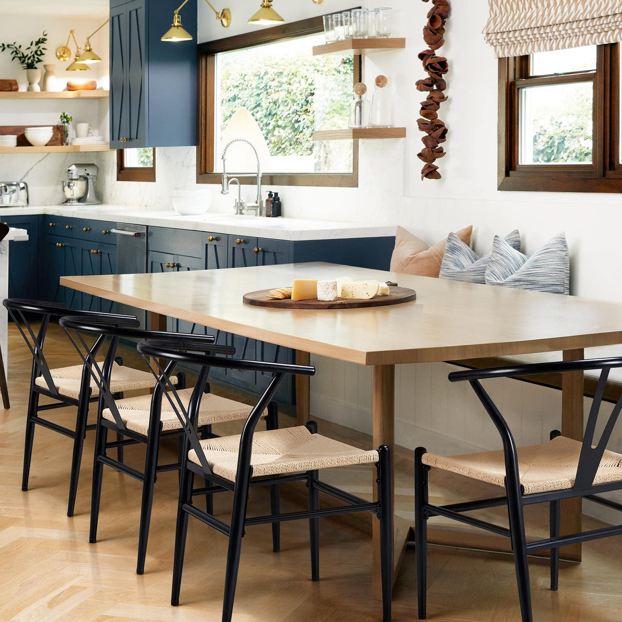 Yaheetech Set of 2 Weave Arm Chair Mid-Century Metal Dining Chair Y-Shaped Backrest Hemp Seat, Black Yaheetech