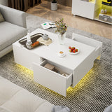 IKIFLY Modern White LED Coffee Table w/4 Drawers, High Glossy Center Table with 16 Colors LED Lights for Home Living Room IKIFLY