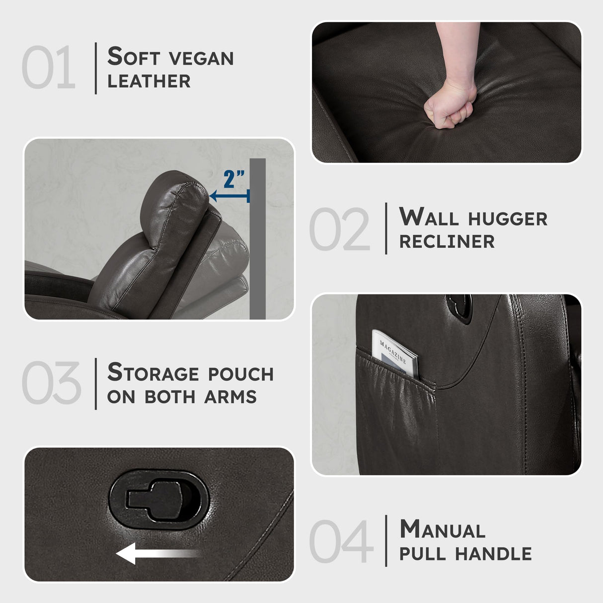 Lexicon Manual Reclining Sofa, Faux Leather Recliner Sofa, Wall Hugger, Track Arms, Magazine Pockets, Manual Dual Recliners Couch for Living Room/Office/Apartment, Easy Assembly, Espresso Lexicon